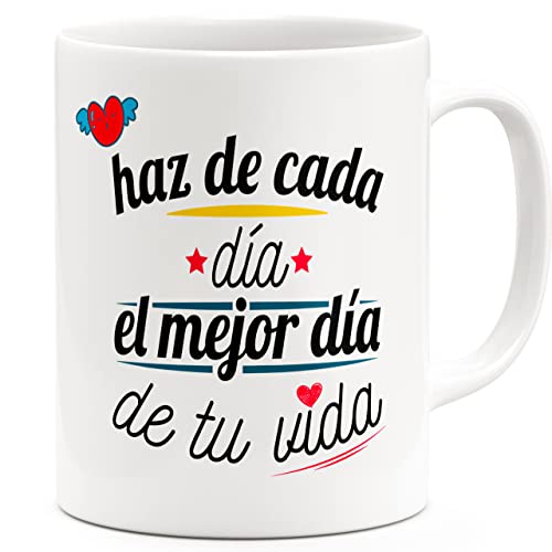 SNOWMUG Tazas Con Frases Originales - Haz de cada dia el mejor – Regalos Originales Mujer Cumpleaños Amigas Familiares Animar Motivar Taza Café Desayuno