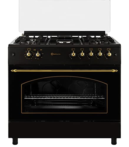 SOLTHERMIC F9L50G2RB COCINA NEGRA RUSTICA CON MANDOS DORADOS / ANCHO 90 CMS / 5 FUEGOS / HORNO PANORAMICO 115 L. / GAS BUTANO Y GAS CIUDAD / ENTREGA A DOMICILIO Y RETIRADA DEL USADO GRATIS