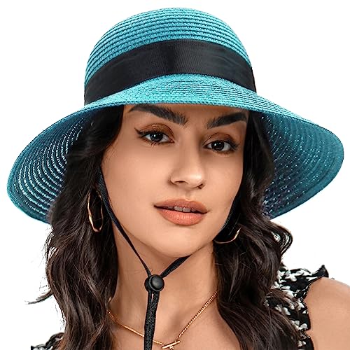 Sombreros de Paja para Mujer, Aleros Anchos, Aombreros de Playa Plegables, Sombreros Solares para Muje UV 50+ Sombreros de Verano Protección, Sombreros de Lazo (Azul Cielo)