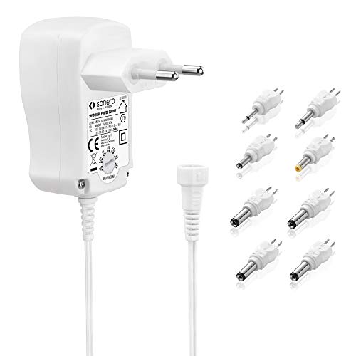 Sonero Fuente de alimentación Universal, Voltaje Ajustable 3V-12V, con 8 adaptadores, máx. 600mA, Blanco