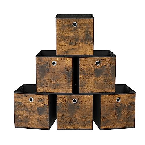 SONGMICS Caja Almacenaje, Juego de 6 Cajas de Almacenamiento con Asa, Caja Organizadora de Tela Oxford y Tela no Tejida, 33 x 33 x 33 cm, Ajustable, Plegable, Marrón Rústico y Negro RFB133B01