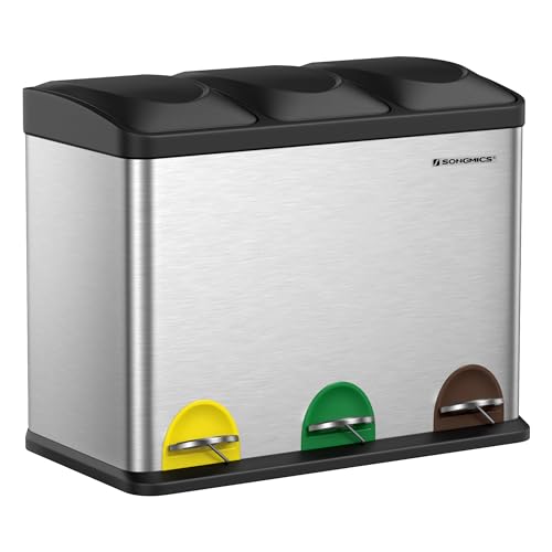 SONGMICS Cubo Triple para Cocina, Cubo Basura de Reciclaje, Pedal, Cubo de Basura de Metal 45 L, Sistema de Separación de Residuos Cubo para Cocina, 3 x 15 L, con Tapa, Acero, Plata LTB45L