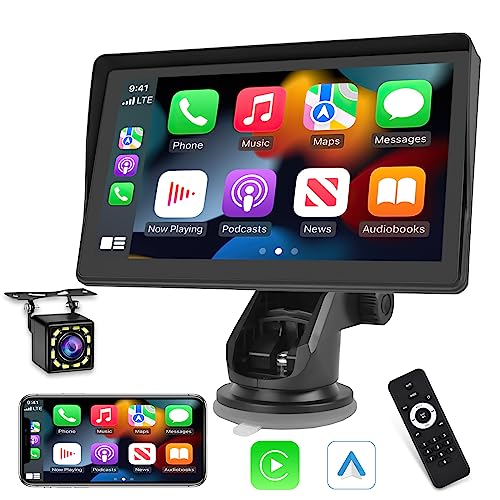 Soporte de Montaje inalámbrico de Apple Carplay Dash, Pantalla portátil de 7 Pulgadas para Coche con Android Auto, Sistema de navegación GPS para Coche + cámara de Respaldo de 12 LED