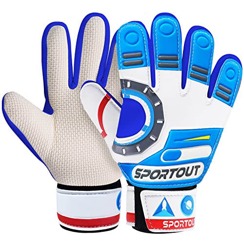 Sportout Guantes de Portero Junior, Guantes de Entrenamiento para niños y niñas, con Doble protección de muñeca y Material de látex Antideslizante Resistente al Desgaste(Blue,5)