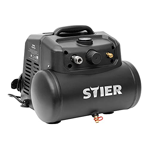 STIER compresor MKT 200-8-6 para herramientas neumáticas, 1200 W, 8 bares, depósito de 6 litros, 10 kg, apagado automático, compresor de taller, compresor de aire sin aceite