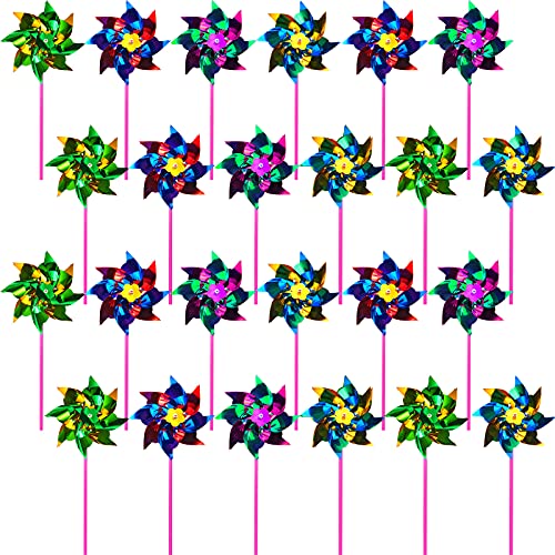 Sumind 24 Molinos de Viento de Papel de Alumnio para Jardín Molinillo de Arco Iris Colorido Molino de Viento de DIY Césped Molinillo de Viento de Espantapájaros Molinete Reflectante Brillante