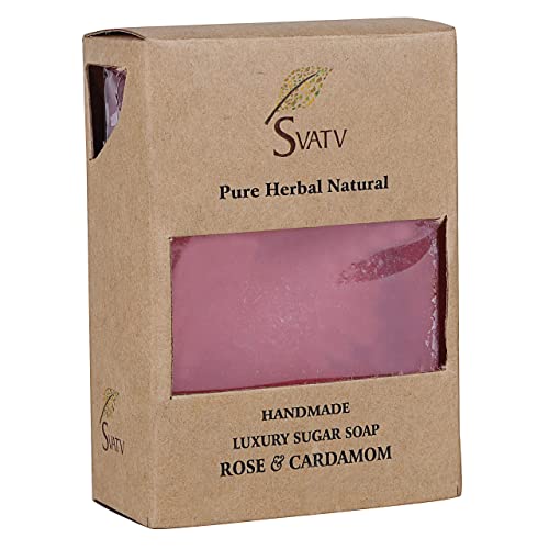 SVATV Jabón hecho a mano con hierbas naturales y calmantes de rosa y cardamomo hidratado - Barras de jabón corporal a base de hierbas ayurvédicas tradicionales - 125 g