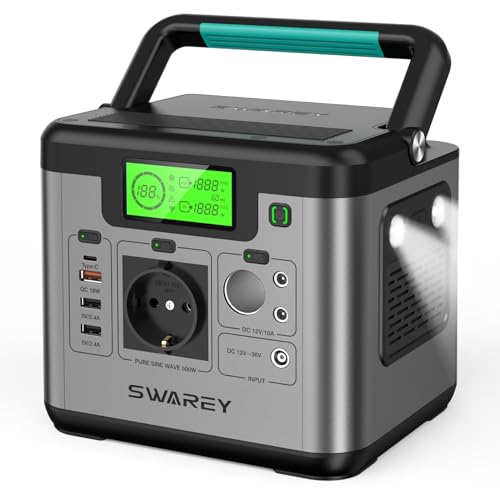 SWAREY Estación de Energía Portátil 518Wh, 500W (Pico 1000W) Generador Solar Portátil con Batería de Liti, 230V AC, USB-C PD 65W, Energía de Emergencia para Camping Viajes Exterior RV Inicio