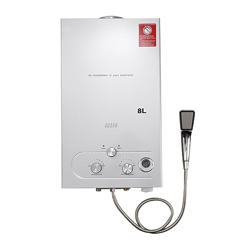 TABODD 8L 16KW LPG Calentador de agua de propano, calentador de agua instantáneo portátil sin tanque, quemador de caldera con cabezal de ducha de acero inoxidable para casas pequeñas, plateado