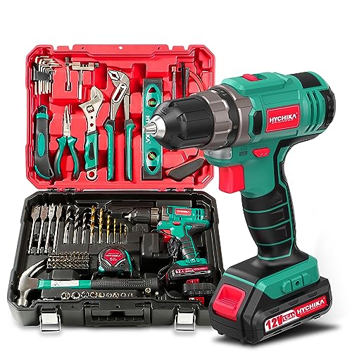 Taladro Atornillador 12V, HYCHIKA 104pcs Taladro Bateria Kit Herramientas Bricolaje, 2.0Ah destornillador electrico, 30N.m Par Máx, 1 Hora de Carga Rápida, Caja Herramientas Completa