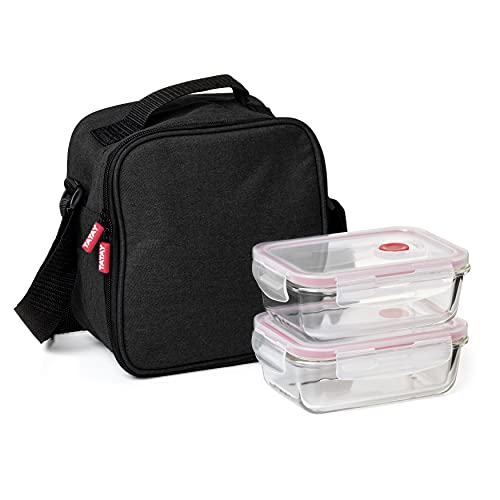 TATAY Urban Food Casual - Bolsa Térmica Porta Alimentos, 3L de Capacidad, 2 Tuppers Herméticas de Cristal de 0.57 l Incluídas, Color Negro, 22 x 12 x 21.5 cm, 3.5 L