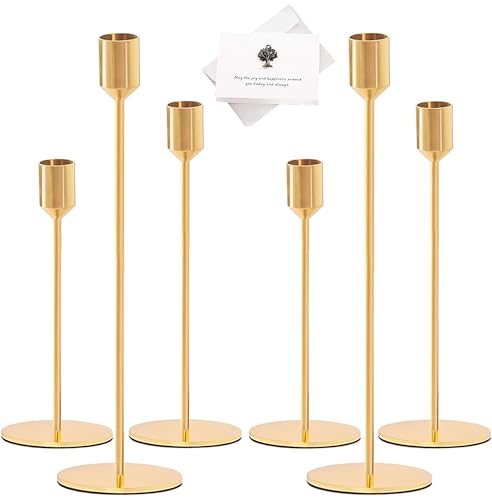 TAVADA Candelabros de Metal,Juego de 6 Candelabro Decorativos de Velas,Estilo Retro Comedor Candelabro Dorado Candelabro Cónico Candelabros Decorativos portavelas de Metal Alto para Velas cónicas