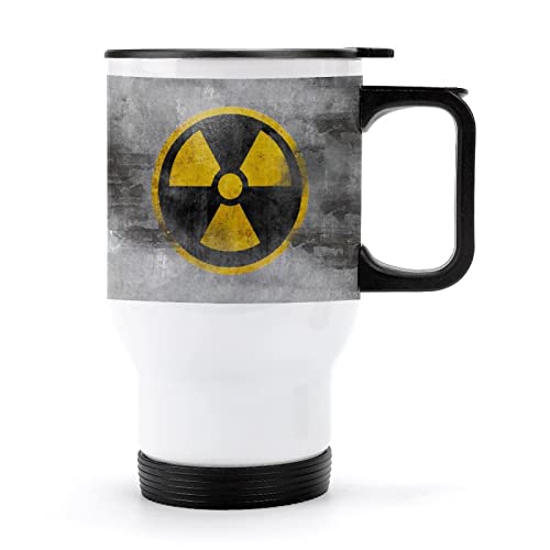 Taza de café de viaje con símbolo radiactivo nuclear amarillo con asa, vaso aislado de acero inoxidable con tapa, taza de bebida para coche, 15 onzas