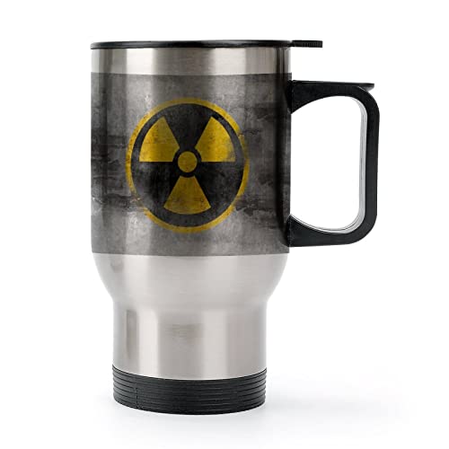 Taza de café de viaje con símbolo radiactivo nuclear amarillo con asa, vaso aislado de acero inoxidable con tapa, taza de bebida para coche, 15 onzas