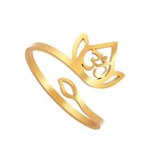 TEAMER Anillo de loto ajustable de acero inoxidable y punto y coma anillo de yoga y meditación con símbolo Om, joyería inspiradora para mujeres eens Girls