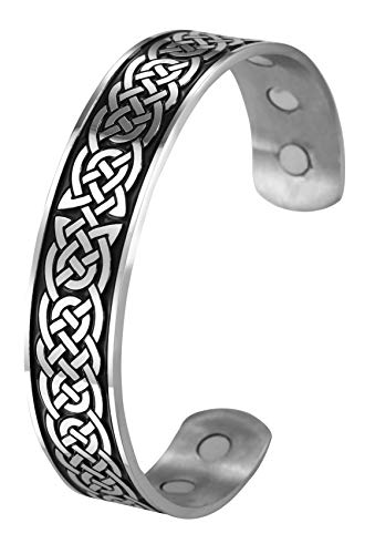 TEAMER Pulsera de terapia magnética para el cuidado de la salud con nudo celta irlandés nórdico vikingo brazalete de acero inoxidable plateado antiguo negro alivio del dolor, mejor regalo para hombres