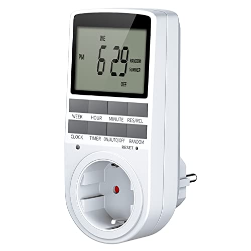 Temporizador Enchufe Digital Programable, Enchufe Programador con Pantalla LCD Grande, 10 Programas Diarios y Modo Aleatoria para Navideñas, Invernadero y Electrodomésticos - 16A/3680W Máx