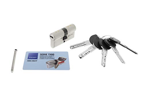 Tesa Assa Abloy TX853040N Cilindro de Alta Seguridad TX80 Doble Embrague Niquelado 30 x 40 mm Llave, Llave Leva Larga