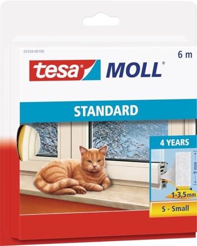 tesamoll® Standard - Burlete de Espuma Adhesiva Para Ventanas y Puertas - Junta Aislante Térmico y Acústico - Rellena Huecos de 1 a 3.5 mm - Tamaño: 6 m x 9 mm x 4 mm - Blanco