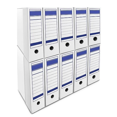 TIENDA EURASIA Caja de Archivo Definitivo, Pack de 10 Uds, para Documentos, Cartón, Blanco y Azul, 25x36x9 cm, Plegable, 2 Posiciones, Tamaño Folio, de Fácil Montaje