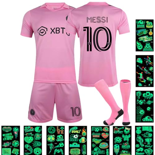 Tkcumwcz Camiseta de fútbol, Traje de fútbol de Niño, Camiseta Deportiva de Fútbol para Hombres No.10, Rosa Soccer Jersey con Camiseta, Pantalones, Calcetines y Tatuajes Fútbol, 110-120cm