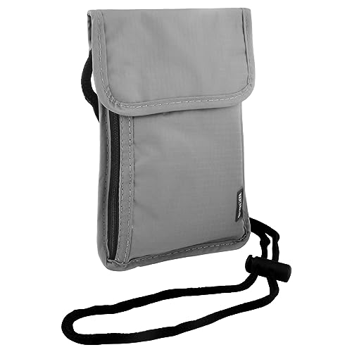 TNSLAND Portadocumentos de Cuello Monedero Colgante Impermeable con Bloqueador de RFID Billetera para Documentos Efectivo Organizador con 6 Bolsillos (Gris)