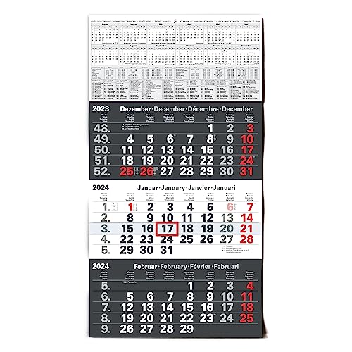 TOBJA Calendario de pared grande - combinación calendario de 3 meses sin publicidad con deslizador de fecha | Calendario de oficina resumen mensual | XXL 56 x 30 cm (¡plegado!)