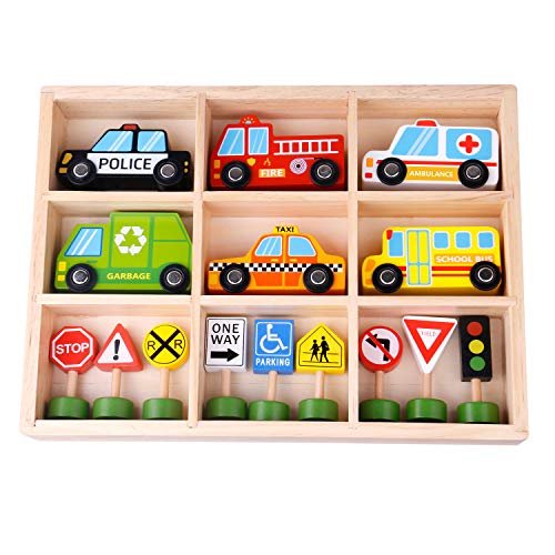 Tooky Toy Vehículos y Señales de Tránsito Juguete En Caja de Madera Colorido Para Desarrollar el Juego Creativo, Simbólico y Servicio Ciudadano en la Ciudad Para Niños y Niñas +36 Meses