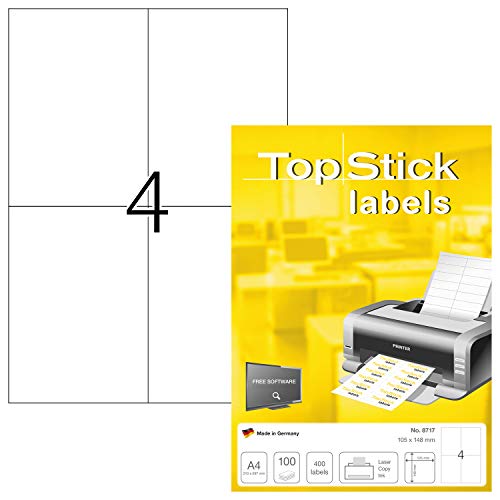 TopStick 8717 - Etiquetas autoadhesivas de envío A4 (105 x 148 mm, papel) 100 hojas, 4 etiquetas por hoja, 400 etiquetas, para impresoras inkjet y láser