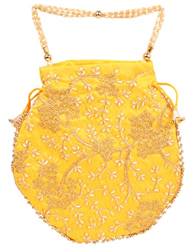 Touchstone Nuevo tradicional indio bordado a mano con motivos florales regalos de compras joyería boda dulce distribución perlas imitación cuerdas cordón elegante bolsa de color amarillo para mujer.