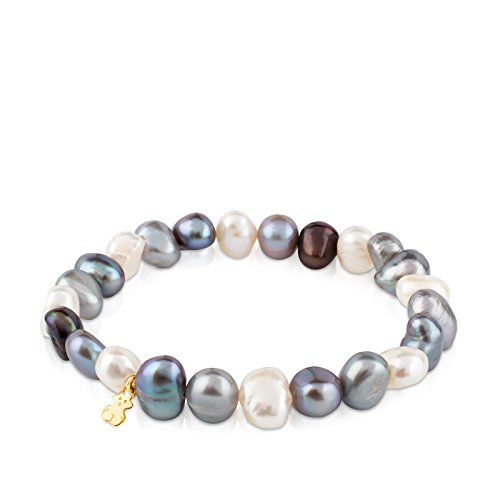 TOUS Pulsera de Perlas para Mujer con Oso en Oro Amarillo de 18kt, 17,5 cm de Largo, Elegante y Versátil, Colección Pearl