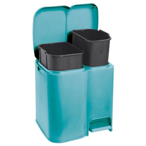 Tradineur - Cubo de basura doble de plástico con tapa, papelera, fácil apertura con pedal, contenedor almacenamiento de residuos, reciclaje, cocina (Azul delfín, 25 litros, 41,5 x 39 x 32 cm)