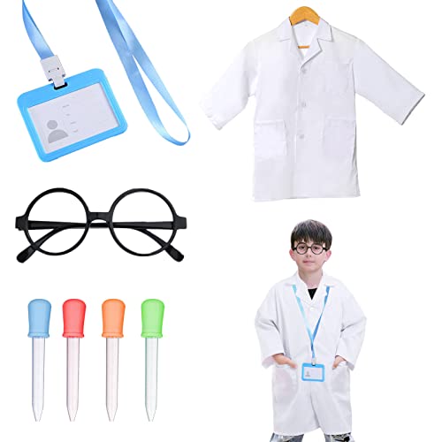 TSHAOUN Disfraz de Científico Infantil, Juego de 7 Piezas Disfraz de Medico Bata de Laboratorio con Gotero Gafas Tarjeta de Trabajo, para Juegos de Rol de Médicos Científicos de Niños y Niñas (White)
