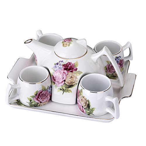 ufengke Flor Juego de Te Porcelana,1 Tetera Grande,4 Tazas de Café con Bandeja,Juego de Cafe Porcelana