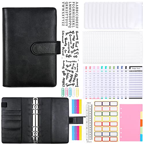 Umitive Carpeta de Cuaderno A6, 62Pcs Carpeta de Presupuesto de Cuero con Sobres de Cremallera,Hojas de Presupuesto,Pegatinas de Bricolaje para Ahorrando Dinero Guardar Tarjetas Fotos Facturas (Negro)