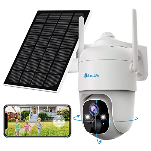 Unilook,Cámara de vigilancia para exteriores con panel solar, 100% inalámbrico, 1080P, PTZ, cámara IP para exteriores, 355°/90°, visión nocturna de color con foco de luz, almacenamiento SD/nube, IP66