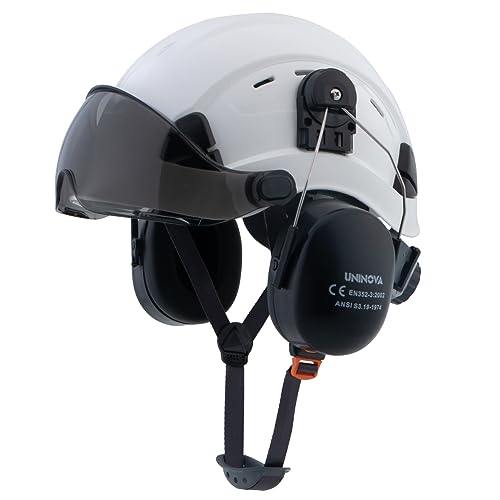 Uninova Casco de protección de trabajo con visera y protección auditiva Casco de seguridad ABS ajustable Casco de construcción ventilado con casco industrial en 397 (es1-White+Smoked Visor+Earmuff)