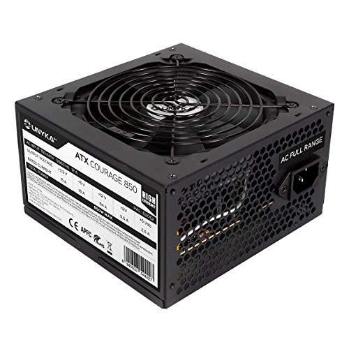 UNYKAch Fuente de Alimentación ATX Courage 850W Alta Eficiencia, con PFC Activo, Voltaje de Entrada 100-240V (Full Range), Ventilador Super Silencioso, Especial Profesionales y Gaming