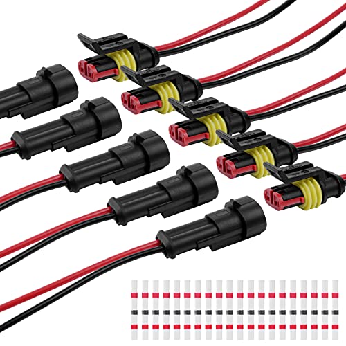 URAQT Conector Electrico Impermeable, 5 Pares 2 Pines Conectores Macho y Hembra, 20 PCS Solder Seal Conector Empalmes, Rápido Enchufe Terminal Kit para Automóviles, Moto, Barcos, Camiones