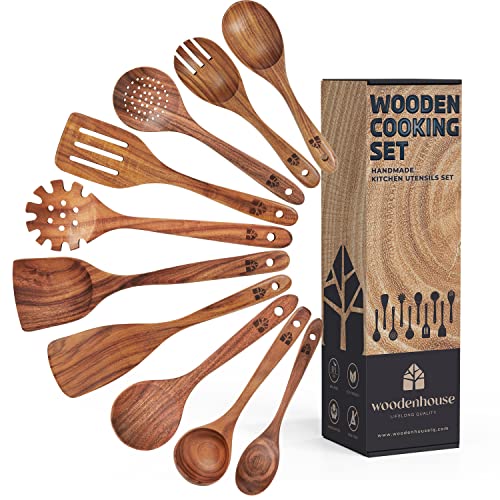 Utensilios de Cocina Madera [10 pzas] - 100% Madera de Teca - Set de Espátulas de Cocina y Cucharas de Madera. Accesorios de Cocina con Agarre Cómodo. Menaje de Cocina para Sartenes Antiadherentes