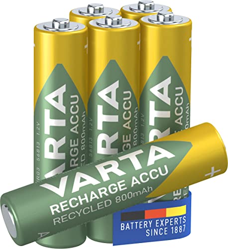 Varta Recharge Accu Recycled, Pilas de NiMh AAA Micro rechargable (paquete de 6 unidades, 800 mAh) hechas con un 11% de materiales reciclados - Recargables sin efecto de memoria