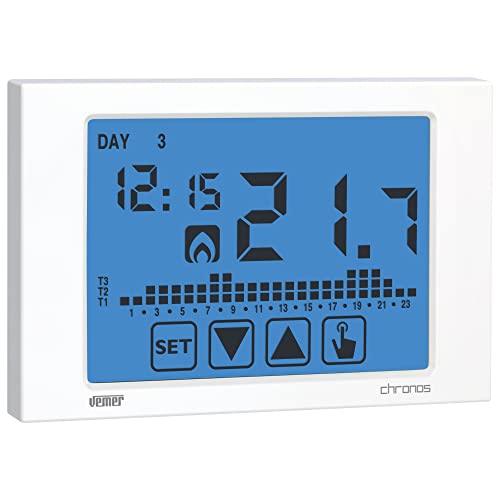 VEMER VE451100 CHRONOS - Termostato Digital Programable de Pantalla Táctil Electrónica para Calefacción y Aire Acondicionado con Adecuado Montaje en Pared, Alimentación Pilas, Blanco