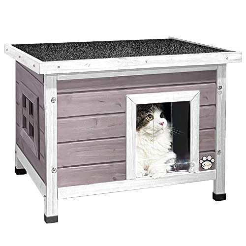 VOUNOT Casa para Gatos de Madera con Techo Asfáltico, Cabaña Mascotas Caseta Pequeña de Gatos con Ventana y Puerta 57x45x43cm Gris