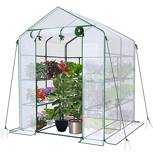 VOUNOT Invernadero de Jardín 143x143x195 cm Vivero Casero Plantas Cultivo con Puerta Enrollable y Ventana, Invernadero Huerto Caseta de Jardín 8 Estantes para Plantas Macetas Flores, Blanco