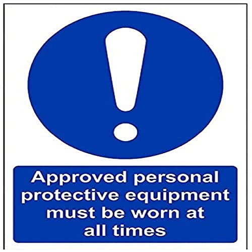 VSafety - Letrero de EPP, aprobado por el equipo de protección personal debe ser usado en todo momento, retrato - 150 mm x 200 mm, plástico rígido de 1 mm