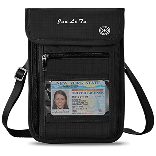 WACCET Portadocumentos de Cuello Protección RFID Portadocumentos de Viaje Unisex con Bolsillos de Cremallera, Colgante Cartera de Viaje para Documentos Tarjetas de Crédito Monedas (Negro)