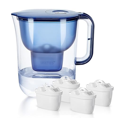 Watus Filtro de agua, jarra de filtro de agua azul, contiene 4 cartuchos Watus – Jarra de filtro de agua (3,8 litros), filtro de agua potable para reducir la cal, el cloro, el plomo y el cobre en el