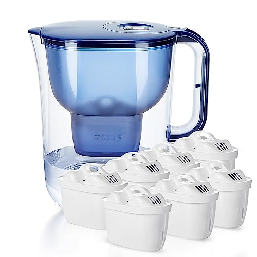 Watus Filtro de agua, jarra de filtro de agua azul, incluye 7 cartuchos Watus - Jarra de filtro de agua (3,8 litros), filtro de agua potable para reducir la cal, el cloro, el plomo y el cobre en el