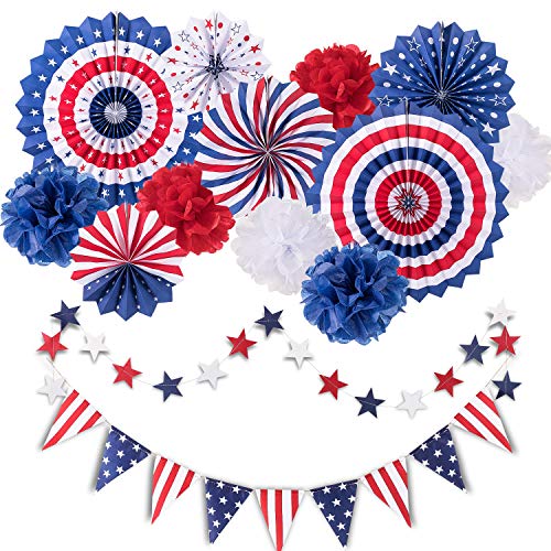 Whaline - Juego de 14 decoraciones para fiestas patrióticas, bandera estadounidense, serpentinas de estrellas, banderines de bandera de Estados Unidos para fiestas temáticas americanas