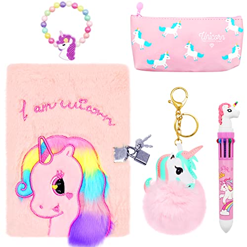 Wieat Diario secreto de unicornio con cerraduras para niñas, lindo cuaderno de diario de unicornio de felpa con cerradura, bolígrafo multicolor, estuche para lápices, llaveros, pulseras, regalos de